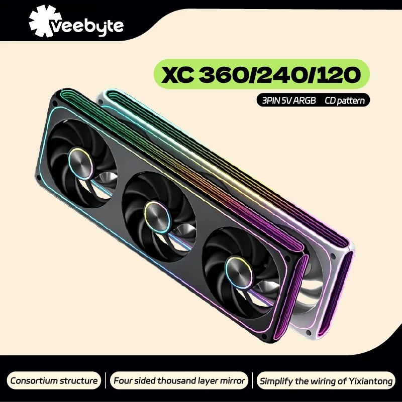 VEEBYTE XC 360/240/120 ARGB Ventola per PC con Struttura a Condotto Singolo, Connettività a Linea Unica, Raffreddamento Silenzioso, 12V, Grande Volume d'Aria