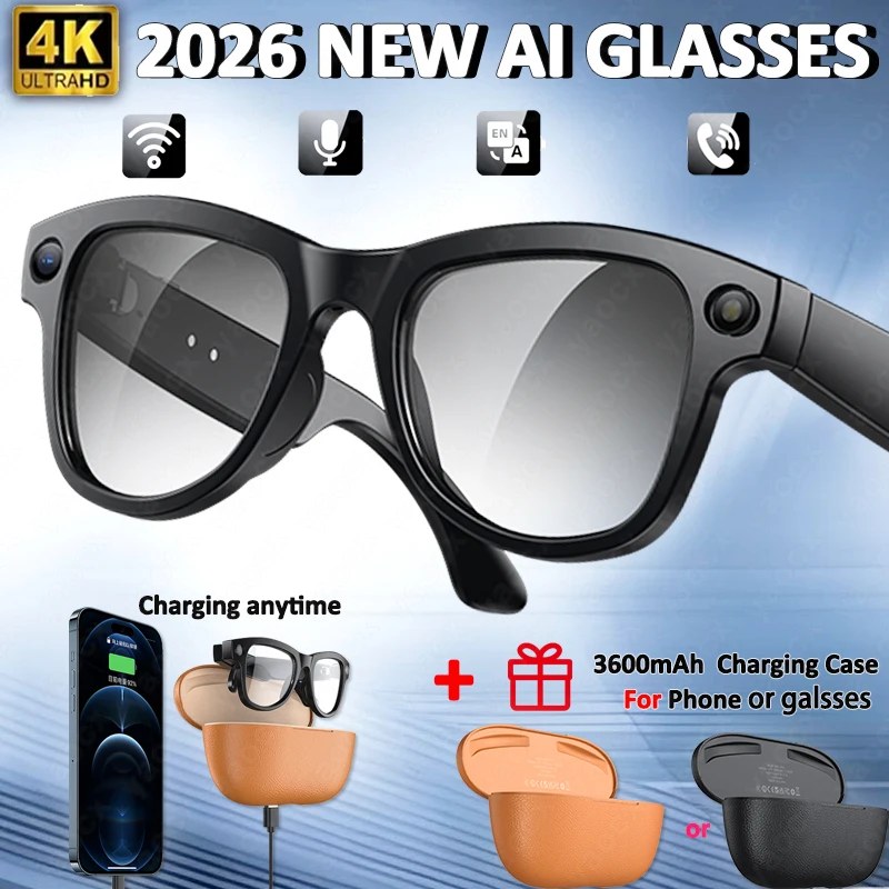 Occhiali Smart AI 4K HD 2026 con Chat GPT, Fotocamera da 800MP, Chiamate Bluetooth, Batteria da 290mAh, 32GB, Controllo Vocale Assistente