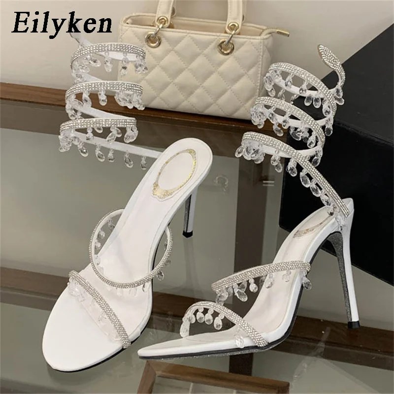Eilyken Sandali da Donna con Tacco Alto Sottile e Ciondolo in Cristallo, Design Sexy, Stile Street, con Cinturino alla Caviglia, per Banchetti e Balli