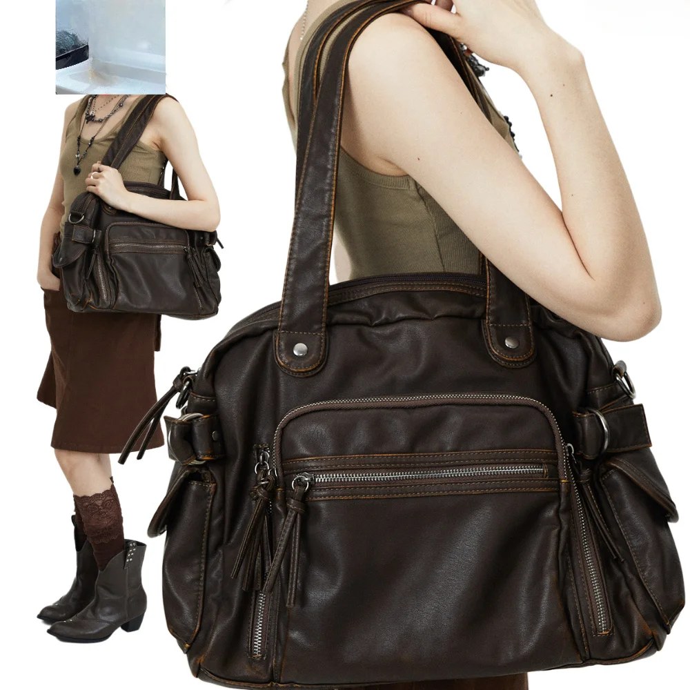 Borsa tote retrò borsa da moto borsa a tracolla di grande capacità in morbida pelle PU borsa a tracolla multitasca punk Y2K