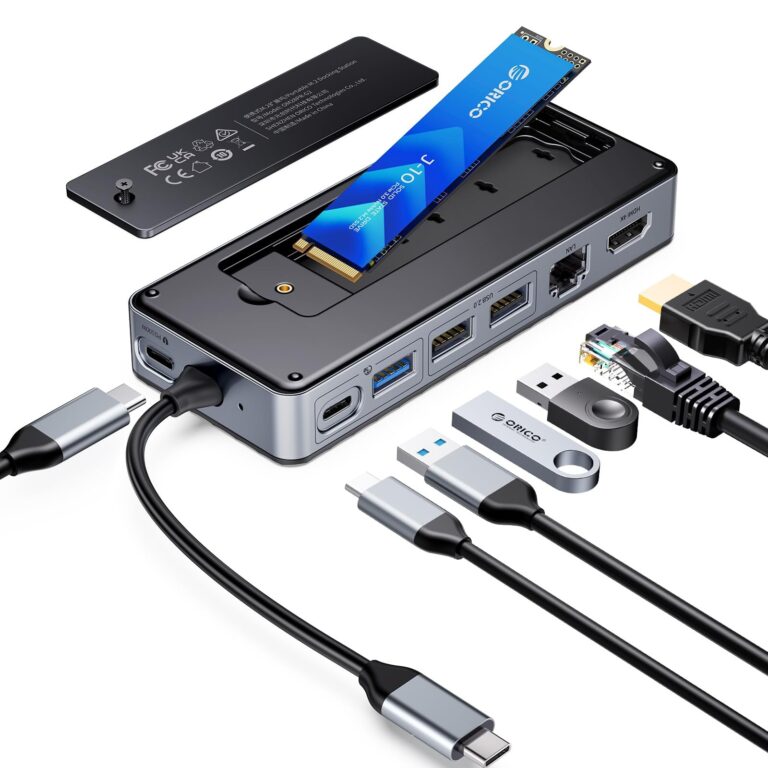 ORICO 8 in 1 USB C Docking Station con Case SSD M.2, USB C Hub con SSD M.2 NVMe/SATA, 10Gbps, 4K@60Hz HDMI, 100W PD, Ethernet, Lunghezza del Cavo 15cm - OM28PR