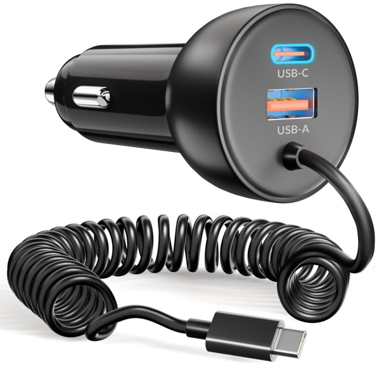 75W Caricabatterie Auto USB-C/A 12V + Cavo a Spirale 1.2m Type- | Caricatore USB Accendisigari PresaAdattatore per iPhone 18 Pro Max Duo 17 16 15, Samsung S26 S25 S24 Ultra, iPad,…