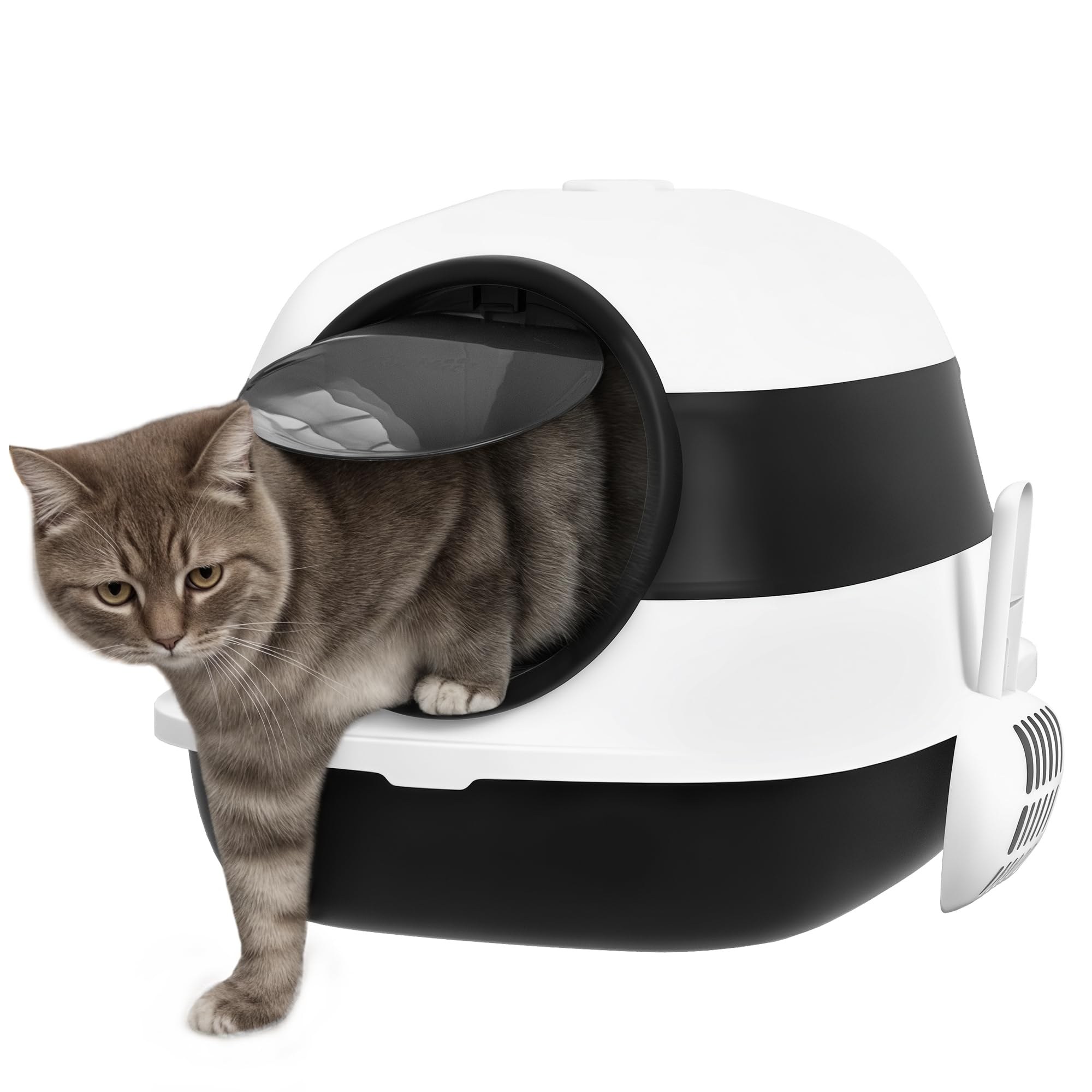 PawHut Lettiera per Gatti Chiusa con Coperchio 52x41x38 cm Bianca e Nera | Paletta e Deodorante Inclusi, Design Pieghevole con Maniglia, in PP e ABS