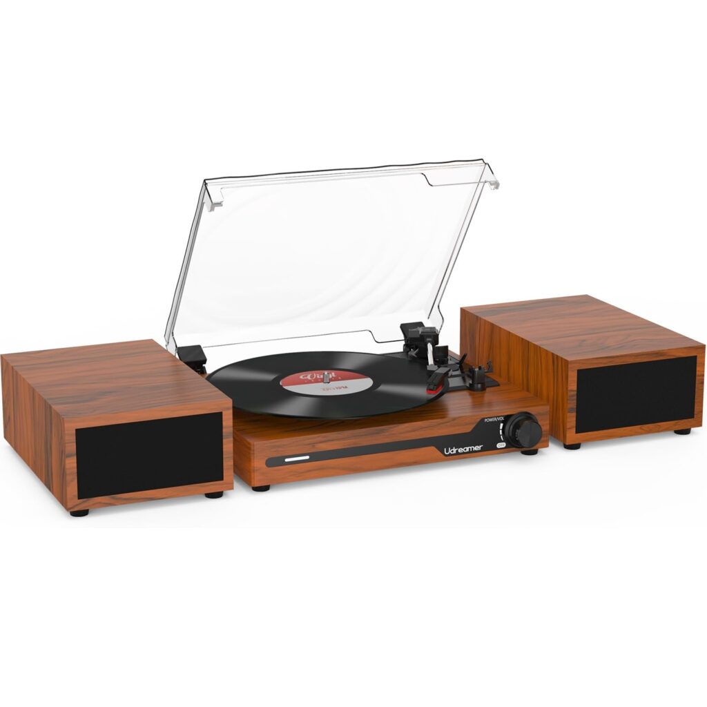 Udreamer Giradischi con 2 Altoparlanti Stereo Doppi Giradischi Vintage Bluetooth 5.3 Supporta 3 Velocità AUX-in, linea RCA, USB, Riproduzione Wireless Marrone