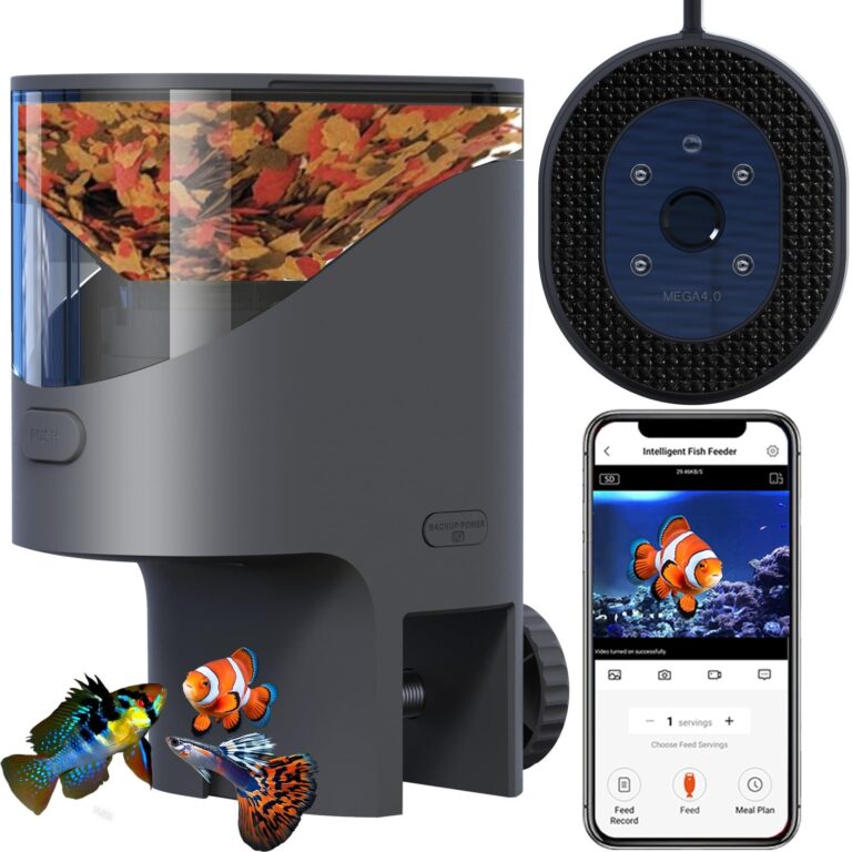 YAMOSO Mangiatoia Pesci WiFi, Telecamera 2.5K HD, App 2.4/5G, Dosaggio Precisione 0,2g Anti-Intasamento per Vacanze, Serbatoio 200ML Anti-Umidità, Programmabile per Acquario Dolce…