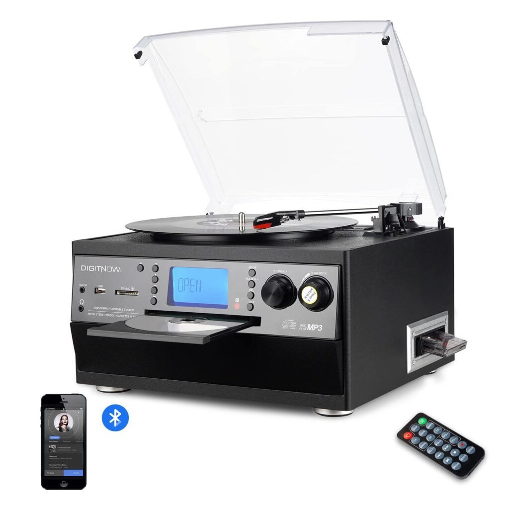 DIGITNOW! Giradischi in vinile Bluetooth Giradischi USB mp3 e Funzione di codifica Classica Lettore CD con Cassetta FM Radio,3 Velocità 33/45/78 RPM Altoparlanti Integrati Canale…