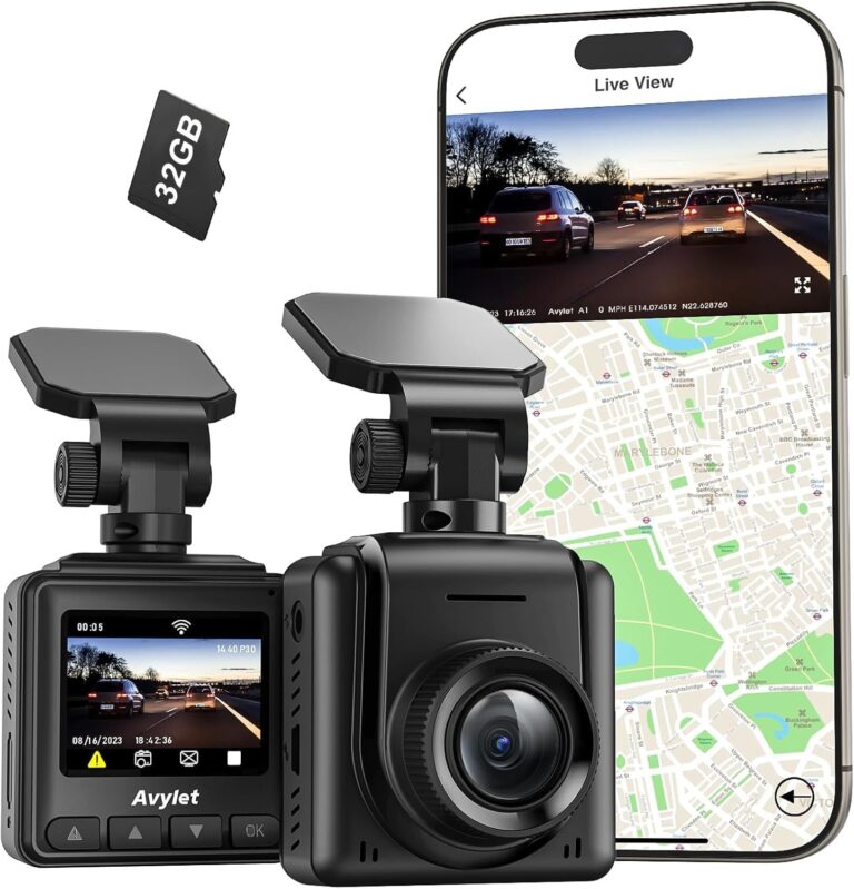 Avylet 2K Dash Cam Wi-Fi Con Scheda 32GB, Mini Telecamera per Auto 1440P | con APP, Dashcam Auto GPS Esterno, WDR, Visione Notturna, 24H Monitor di Parcheggio, Rilevamento di Movi…