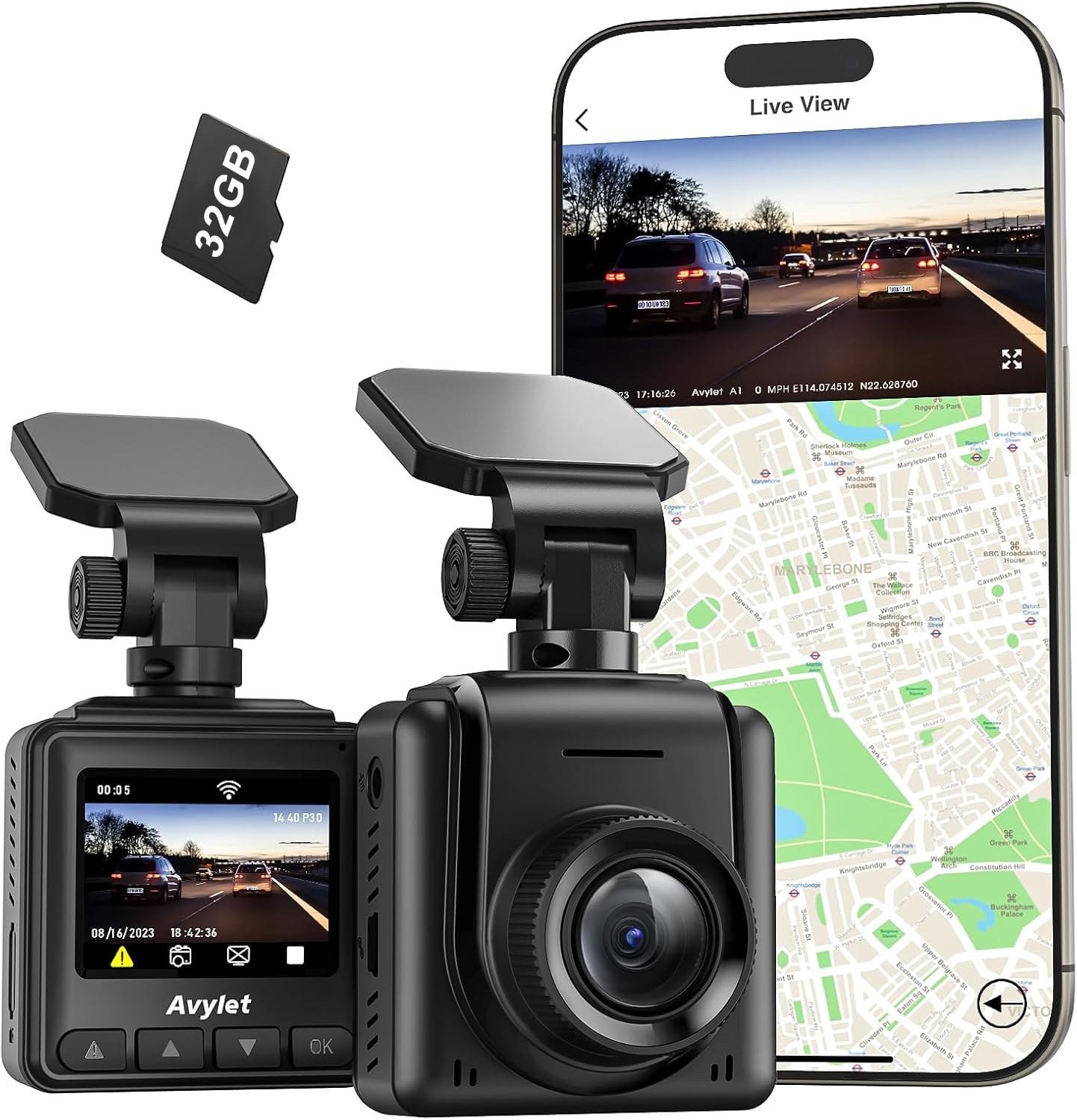 Avylet 2K Dash Cam Wi-Fi Con Scheda 32GB, Mini Telecamera per Auto 1440P | con APP, Dashcam Auto GPS Esterno, WDR, Visione Notturna, 24H Monitor di Parcheggio, Rilevamento di Movi…