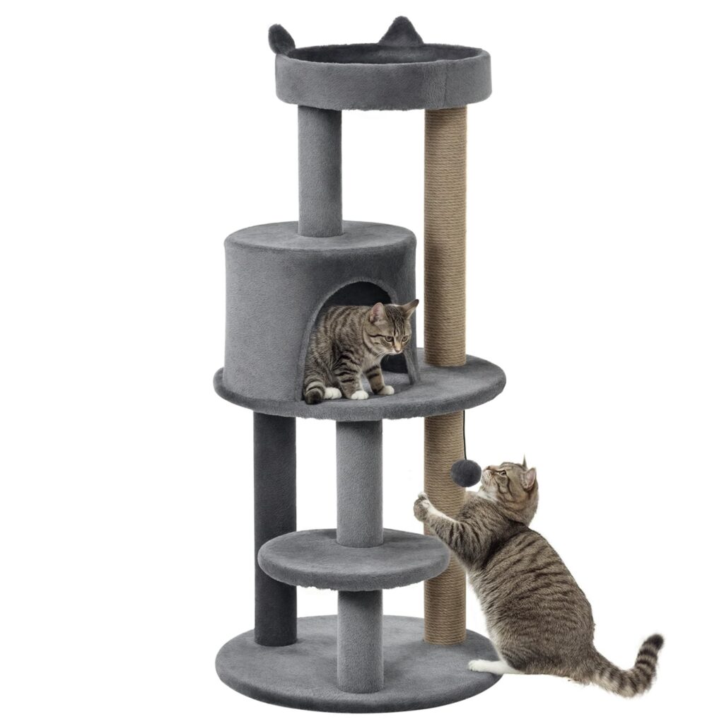 PawHut Albero Tiragraffi per Gatti a 3 Livelli 48x48x104 cm Grigio | Trespoli, Casetta, Pallina Appesa, in Legno, Sisal e Peluche