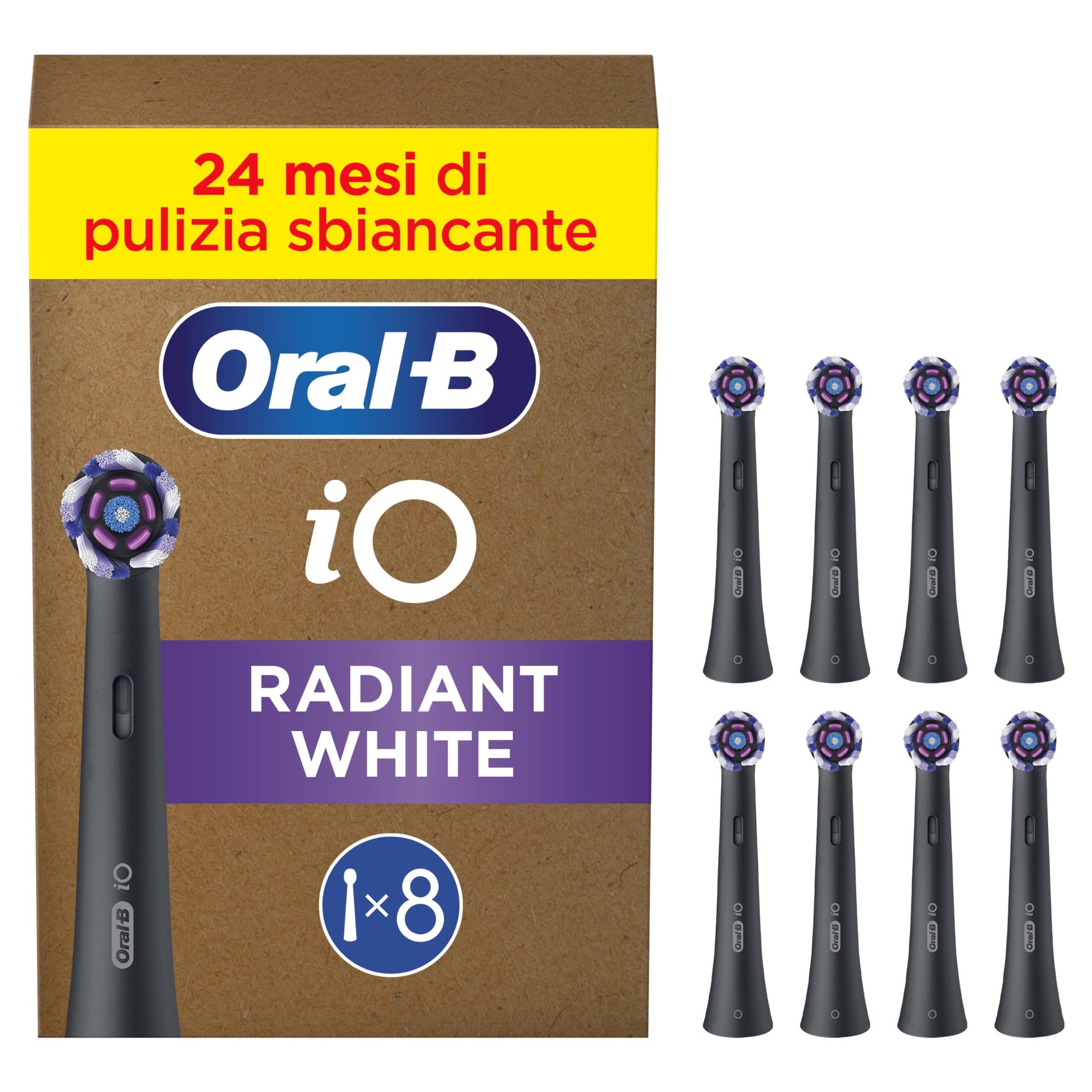 Oral-B Testine di Ricambio iO Radiant White, Nere, 8 Ricambi | 8 Testine di Ricambio per Spazzolino Elettrico, Rotonde Originali, Setole Angolate e Setole Lucidanti, Pulizia Denti