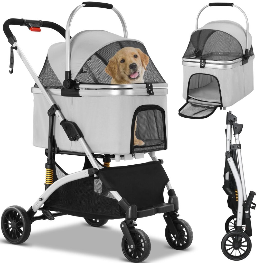 MAMIZO Passeggino per cani 3 in 1, fino a 20kg,passeggino portatile animali | portabicchieri, ammortizzatori, Guinzagli, con finestre a rete,4 ruote 360°,per Gatti e cani di picco…
