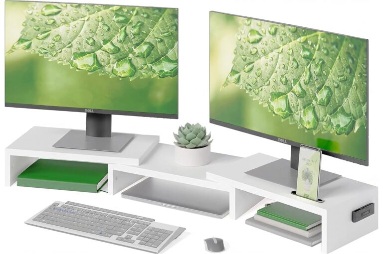 BONTEC Supporto per Doppio Monitor da Tavolo con Supporto per Smartphone, Lunghezza Regolabile e Angolo di Girevole Organizzatore in Legno, Bianco