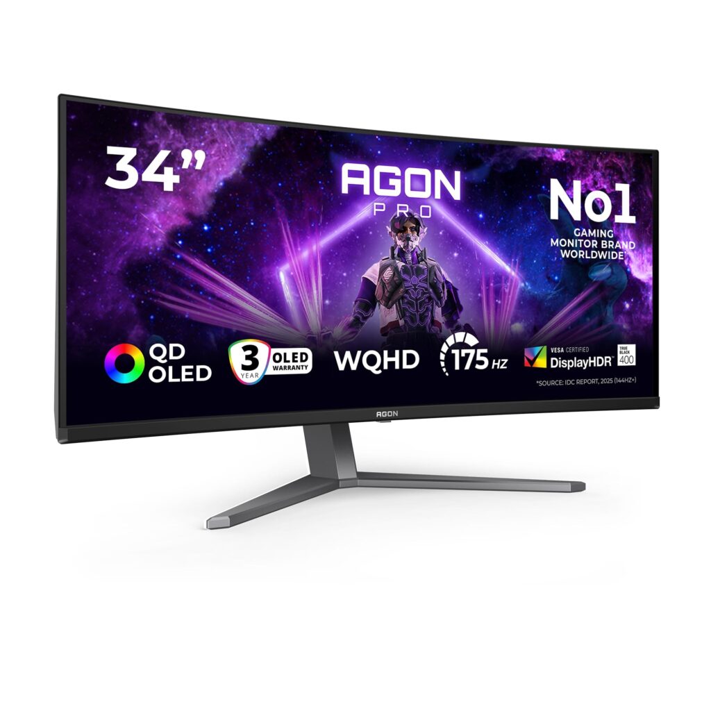 AOC Gaming Monitor AG346UCD 34 pollici Curvo 3440x1440, UW-QHD, 175Hz, QD-OLED Panel, 0.03ms GtG, USB Hub Speakers, Height Adjustment (HDMI2x 2.0 DP 1x 1.4) HDR400 TB, FreeSync Pr…