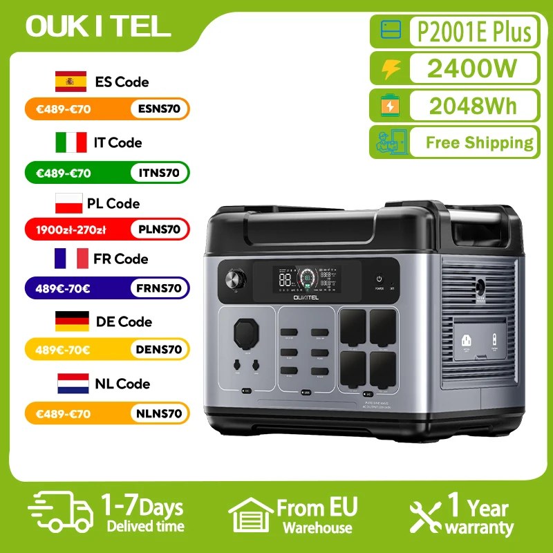 OUKITEL Power Station 2400W Generatore Solare Portatile 2048Wh Batteria LiFePO4 Backup Domestico Emergenza Campeggio Esterno EPS