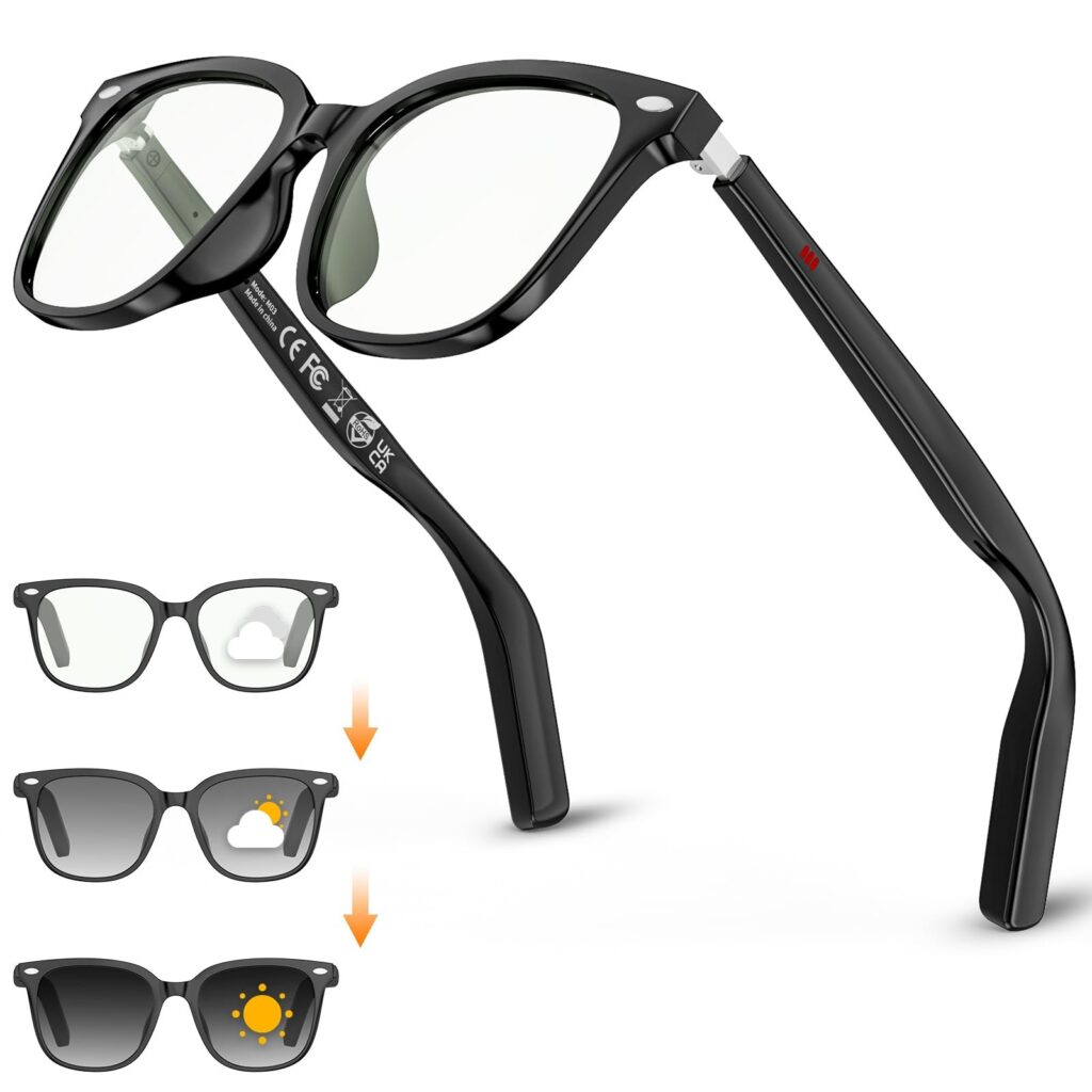 Mingtawn Occhiali Intelligenti Uomo Donna, Occhiali Ai con Chiamate Bluetooth/Musica/Traduzione, Occhiali Da Sole con Lenti Fotocromatiche, Smart Glasses Ultraleggeri da 32g (Neri)