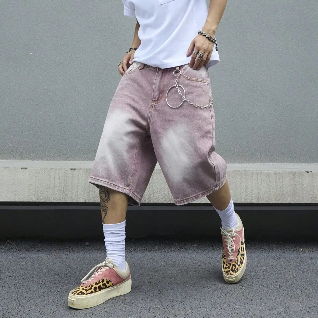 Pantaloncini da uomo in denim rosa sfumato, lavaggio vintage, modello baggy, gamba larga, streetwear, oversize, al ginocchio, estivi, stile Y2K