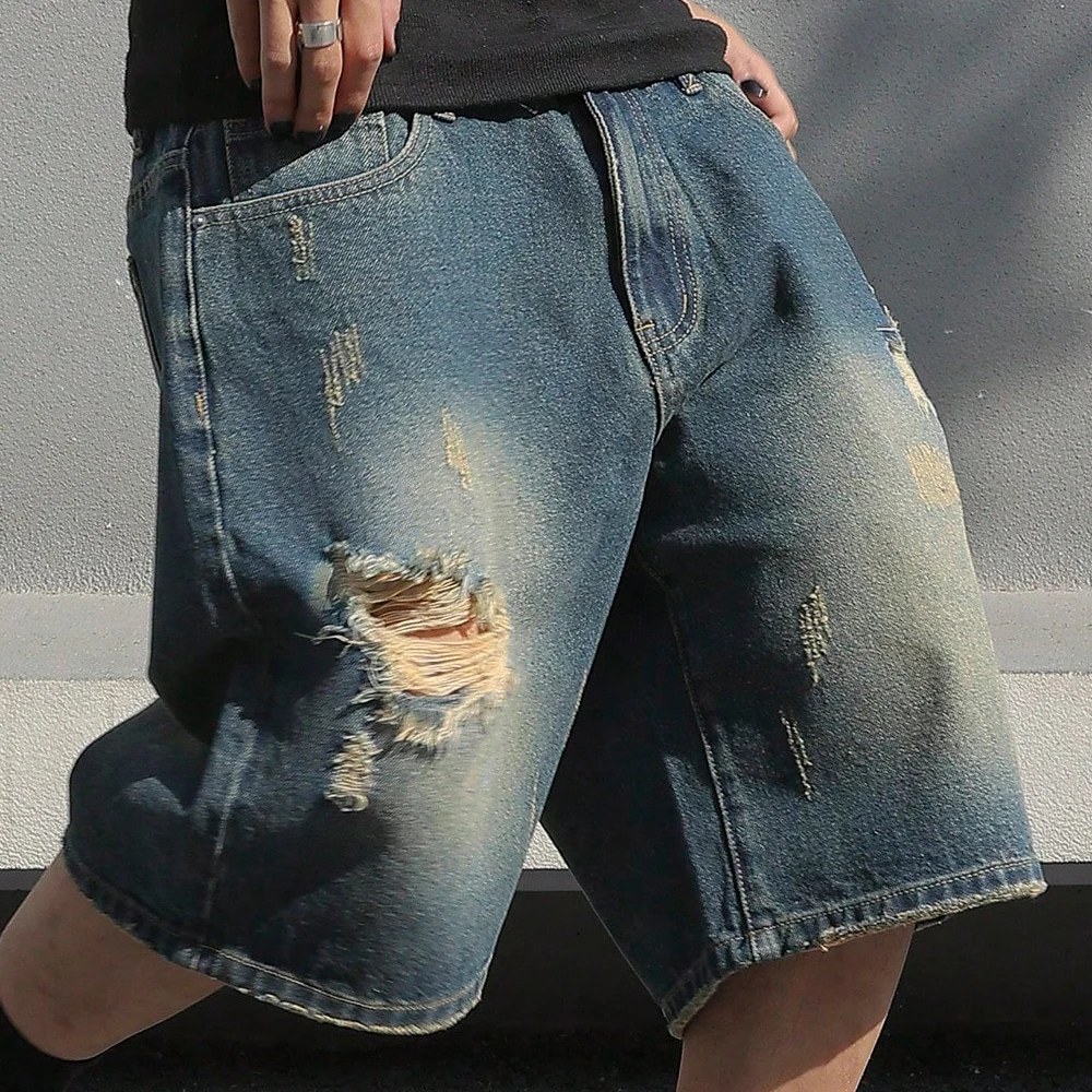 Pantaloncini Jeans Larghi Estivi da Uomo, Stile Vintage, Streetwear, Strappati al Ginocchio, Comodi, Cargo, Casual