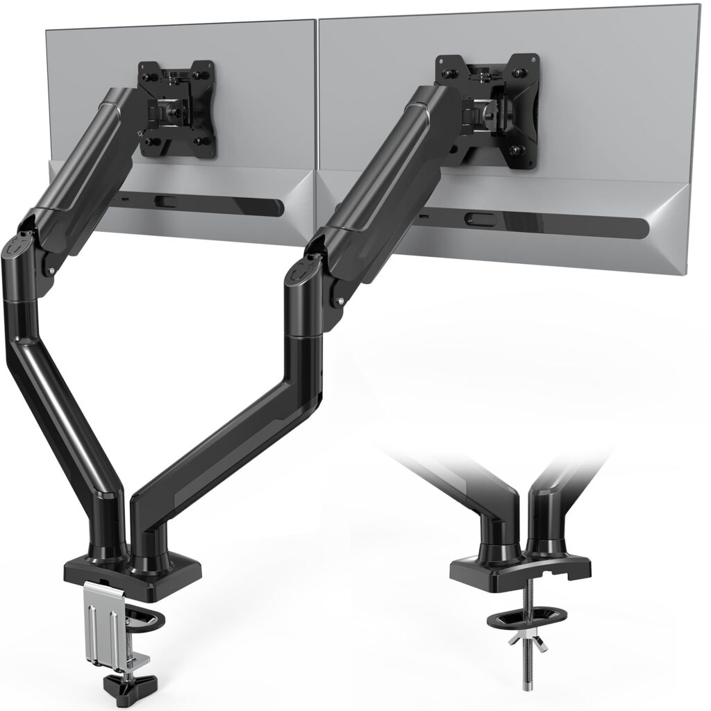 BONTEC Braccio Monitor Doppio per Schermi LCD LED da 13-32 pollici, Supporto Ergonomico con Braccio con Molla a Gas e Gestione dei Cavi, Inclinazione, Rotazione, VESA 75/100 mm,pe…