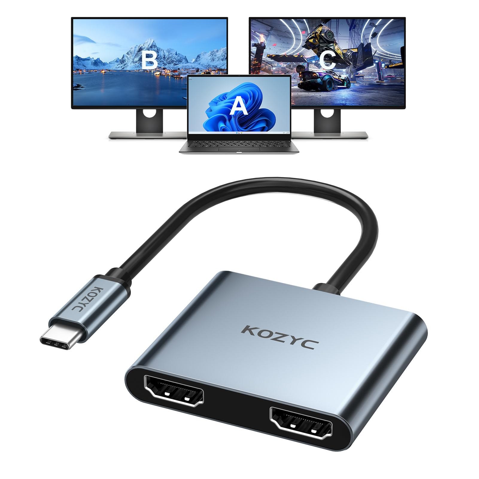 KOZYC USB C to Dual HDMI Adapter 4K@60Hz | USB C Hub Multiport Adapter, USB C to HDMI Splitter, Dual HDMI, Extended Display, Compatible with Windows SST/MST