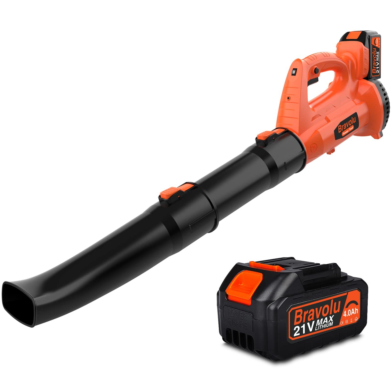 Soffiatore a Batteria, Bravolu 21V Soffiatore Foglie Elettrico, con Batteria da 4,0 Ah e Caricabatteria, Velocità Aria Max Regolabile 240 km/h, 20000 RPM con 6 Velocità Regolabili…