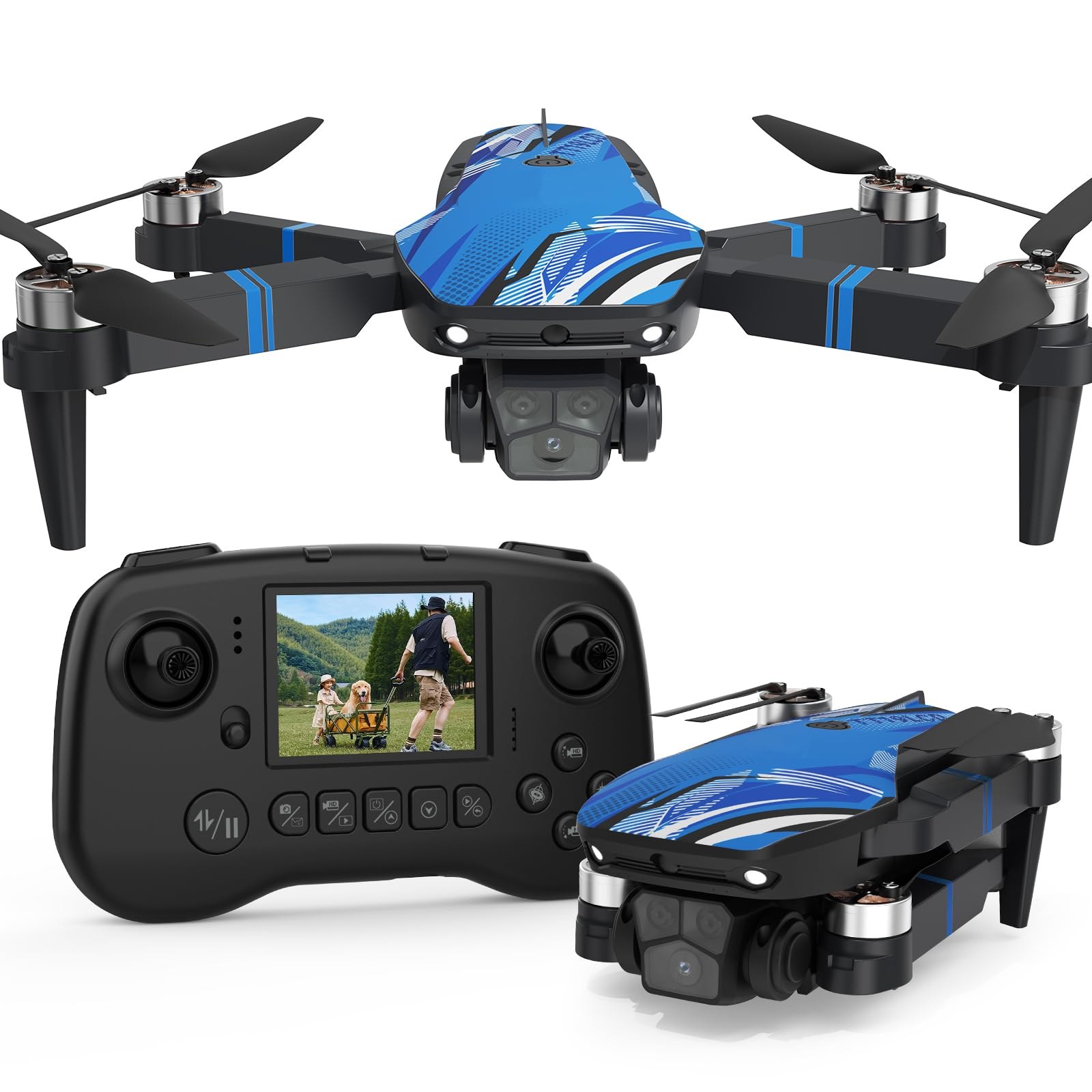 Drone con Camera, Schermo LCD FPV Live Video, Droni Motore Brushless, Sistema di Prevenzione Ostacoli a 270°, 3D Flips, Supporta Schede SD fino a 32 GB, Peso Inferiore a 250g per…