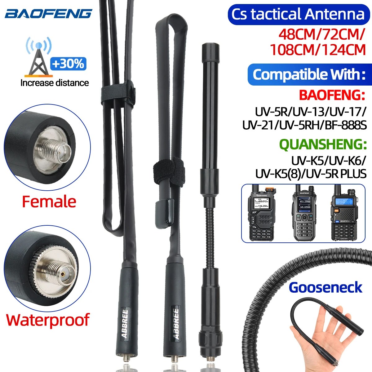ABBREE CS Antenna tattica SMA-femmina Dual Band VHF UHF 144/430Mhz pieghevole per Walkie Talkie Baofeng UV-13PRO UV-5R Quansheng