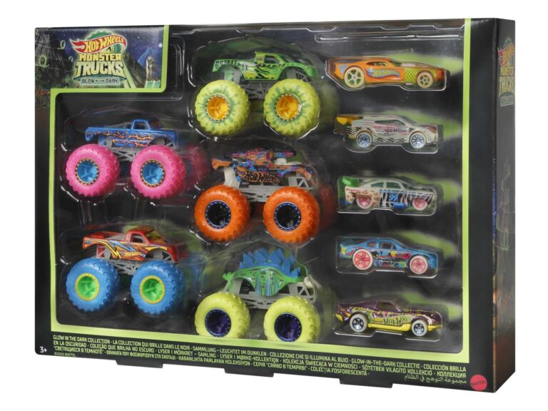 Hot Wheels, Collezione Monster Trucks che si illuminano al buio | Set di 10 veicoli, in scala 1:64, fluorescenti al buio: 5 camion e 5 auto, giocattoli per bambini e collezionisti…