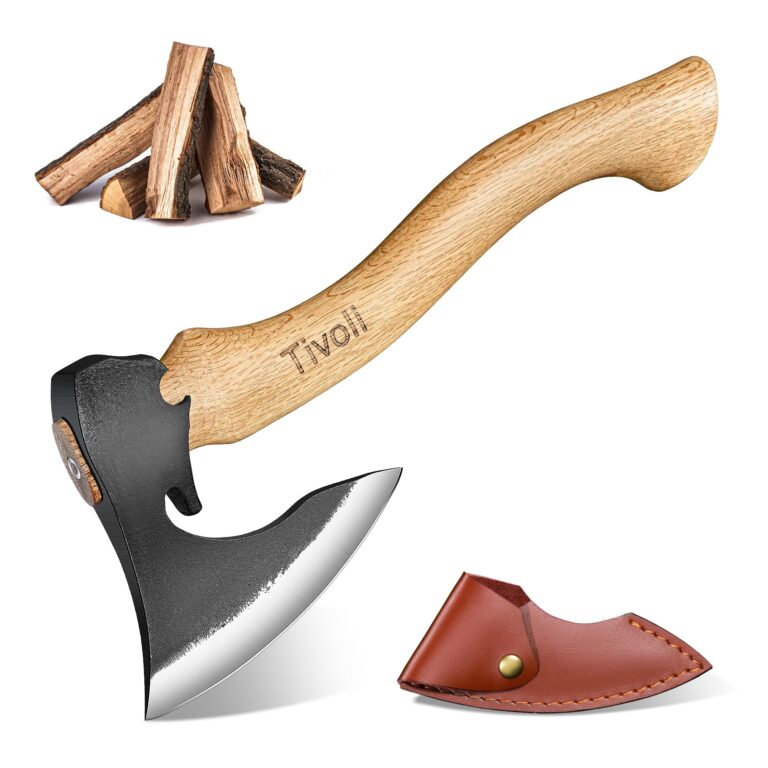 TIVOLI Ascia Outdoor 42 cm Acciaio Carbonio | Manico in noce e custodia pelle, adatta per campeggio, trekking e lavori outdoor.