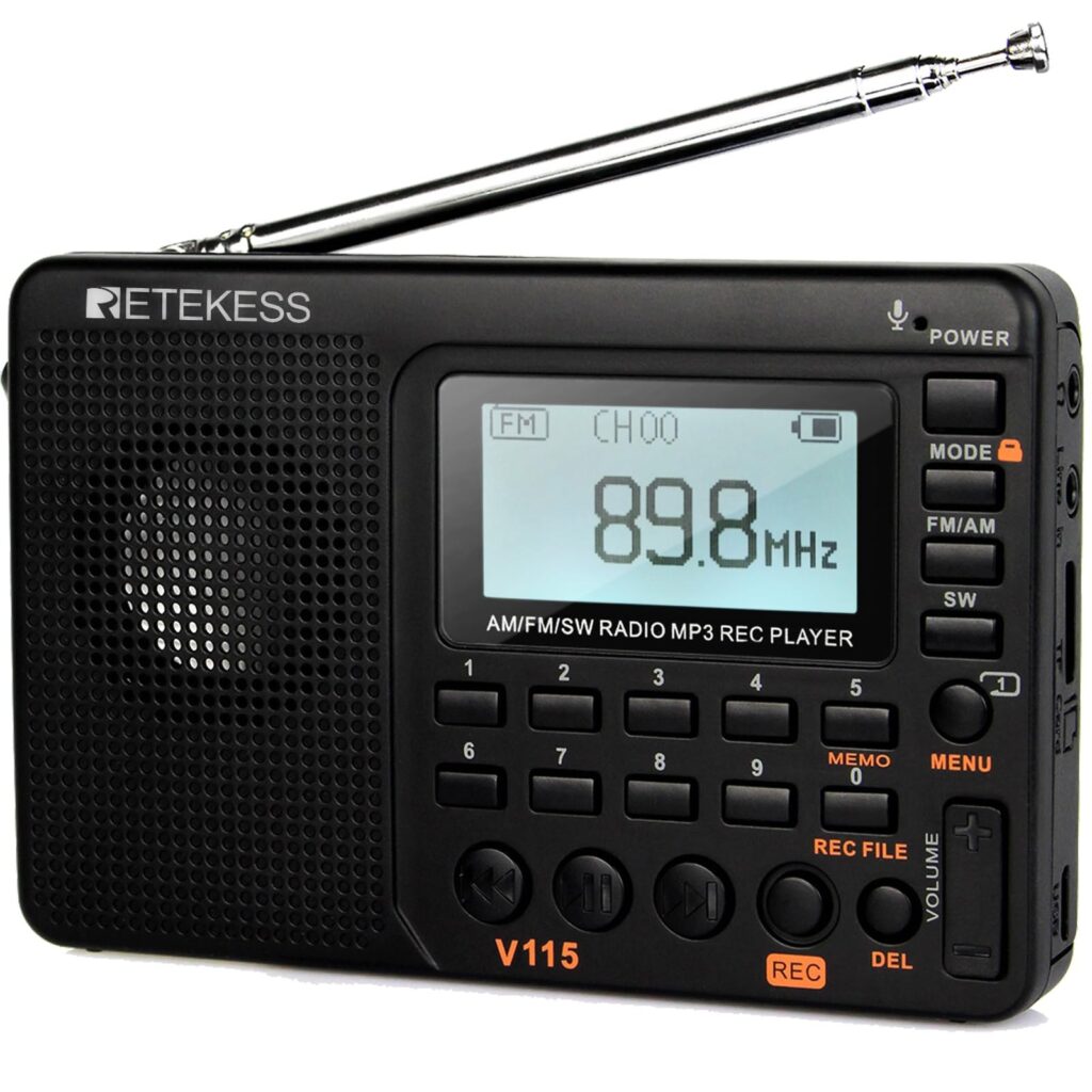 Retekess V115 Radio Portatile, Radio FM(Nero) | Adatto Per Casa, Esterno, Regalo, AM/FM/SW, TF / USB, 3 Modalità Di Registrazione, Con Schermo LCD, Batteria Ricaricabile