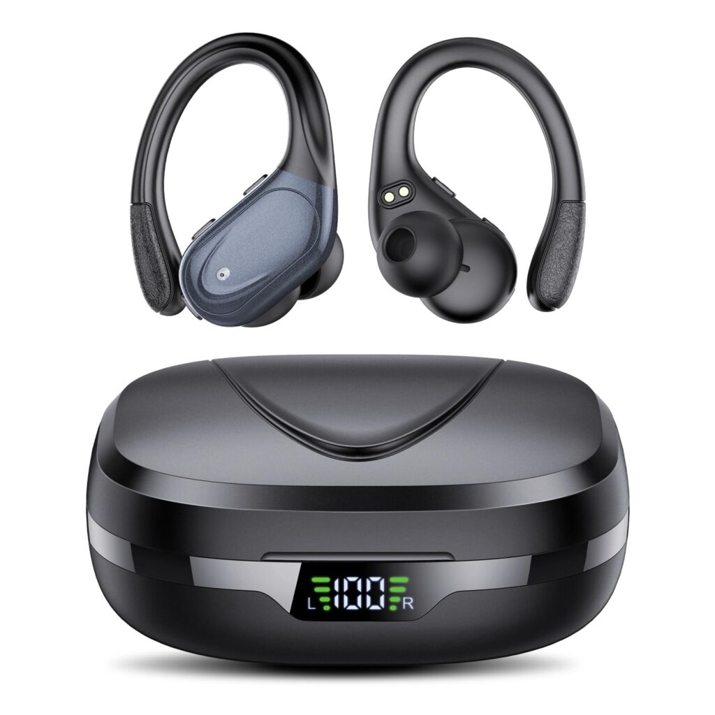 Cuffie Bluetooth, Sport Auricolari Bluetooth 5.3 con Gancio per Orecchio, 60H con Indicatore LED per Cassa di Ricarica, Chiamata ENC HD, Vestibilità Comoda, Basso Profondo, IPX7 I…