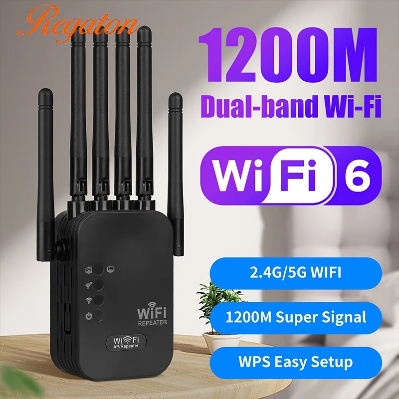 Ripetitore WiFi Router Wireless 1200Mbps 2.4G 5G, Estensore di Segnale ad Alto Guadagno con 6 Antenne, Amplificatore di Rete, Potenziatore di Segnale a Lungo Raggio