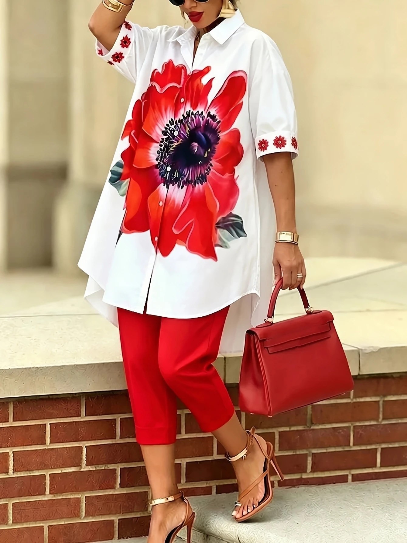 Completo Vintage da Donna con Stampa Floreale, Set 2 Pezzi: Camicia a Maniche Corte con Colletto e Bottoni, Pantaloni Slim Tinta Unita, Outfit Casual