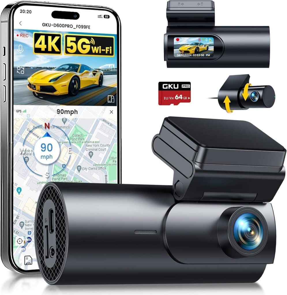 GKU 4K Dash Cam Auto, 5GHz WiFi e GPS, Doppia Telecamera Auto, Mini Dashcam | IPS 1.5" con Scheda SD 64G, 24H Monitor di Parcheggio, Visione Notturna, WDR,Grandangolo 170°,Sensore…