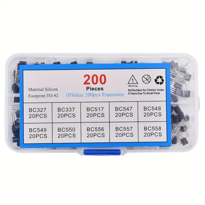 Kit di transistor elettronici TO-92 da 200 pezzi con scatola PNP/NPN 10 tipi BC327,BC337,BC517,BC547,BC548,BC549,BC550,BC556,BC557,BC558 Set
