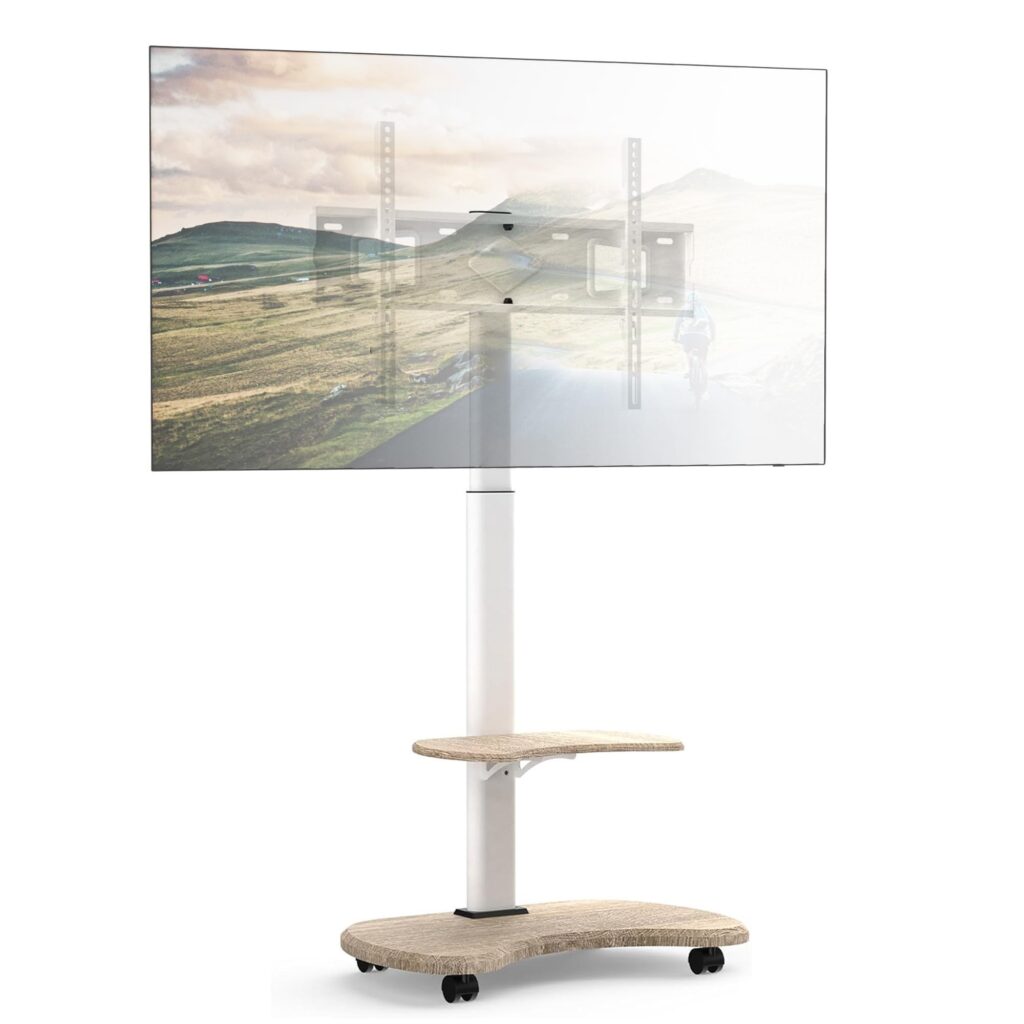 XTRARM Stellar Supporto TV da pavimento con Ripiano in Legno, Carrello Tele con Ruote Regolabile in Altezza, Piedistallo Televisione 32-70 Pollici, 45 kg, Stand da Terra Universal…
