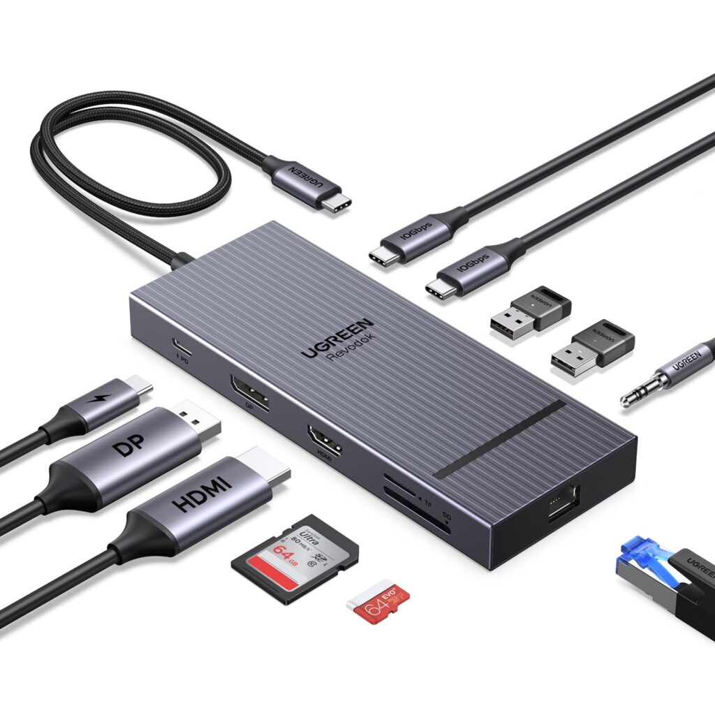 UGREEN Revodok Pro 2111 Hub USB C 11 in 1 Docking Station Doppio Display | 1 HDMI 4K60Hz, DisplayPort 4K120Hz, 10Gbsp, 2A2C Dati, Ethernet Gigabit, Ricarica PD 100W, SD TF, Audio…