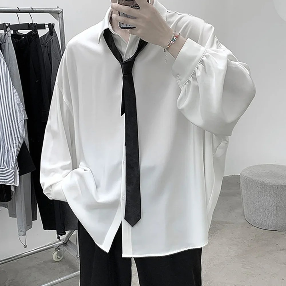 Camicie a maniche lunghe da uomo in stile coreano Cravatta nera Camicette oversize solide casual accoglienti Camicia allentata traspirante Harajuku Abiti maschili