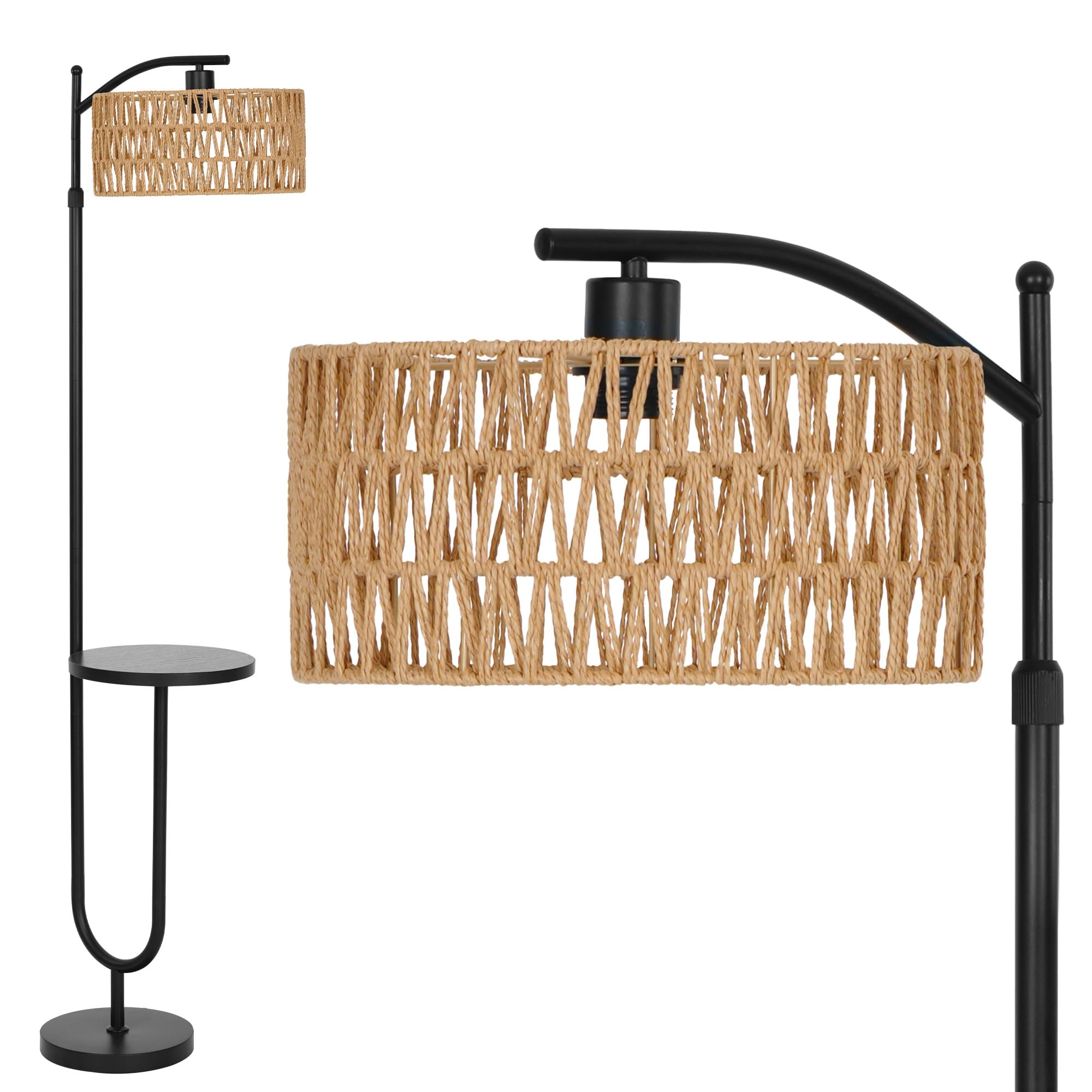 LuminexDesigns Boho Lampada da Terra Rattan con Mensole, Altezza Regolabile | 176cm Piantana E27 Orientabile, Rustico in Metallo Nero con Interruttore a Pedale, per Soggiorno e Ca…