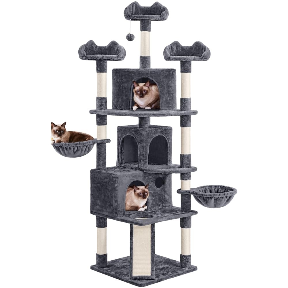 Yaheetech Albero Tiragraffi per Gatti Altezza 194 cm in Truciolato e Corda in Sisal con 3 Casette Rampa e Ceste Multilivello Grigio Scuro
