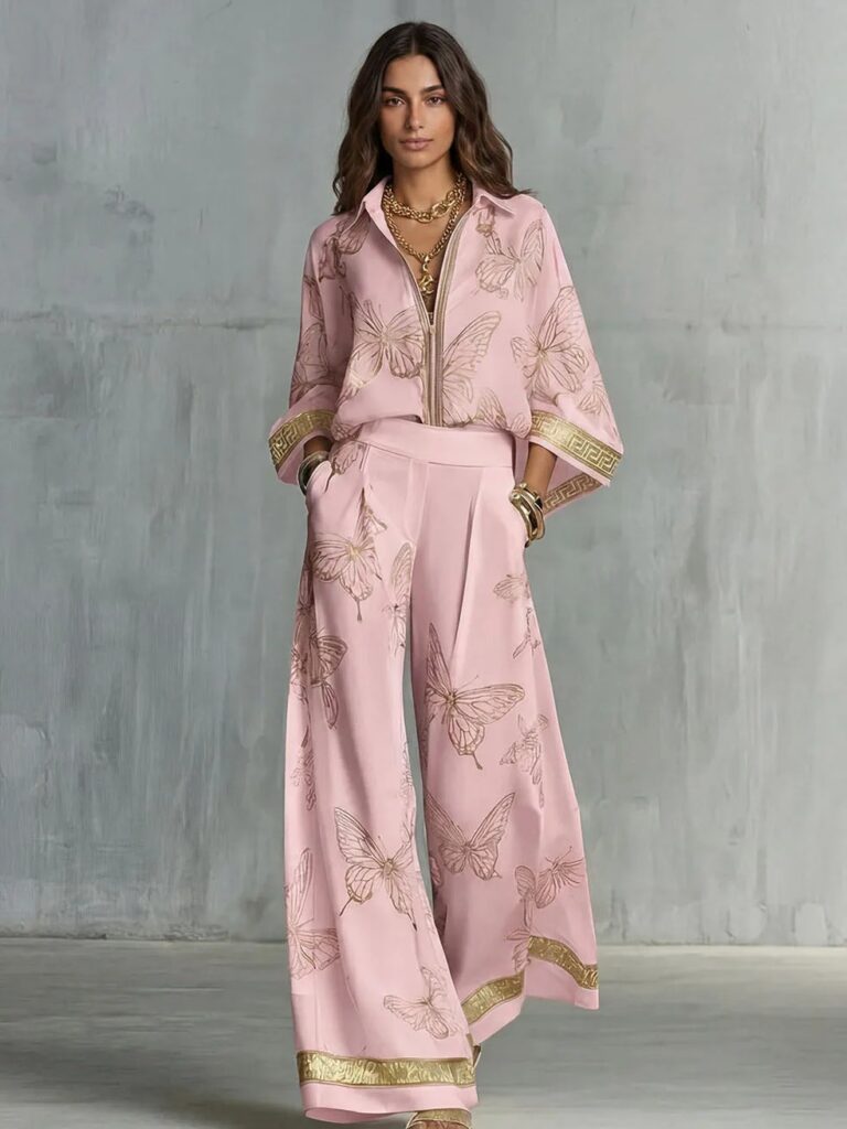 Completo da Donna con Camicia Oversize Stampata e Pantaloni a Gamba Larga, Top a Maniche Lunghe con Colletto e Pantaloni a Vita Alta Elasticizzata, Set Due Pezzi Femminile