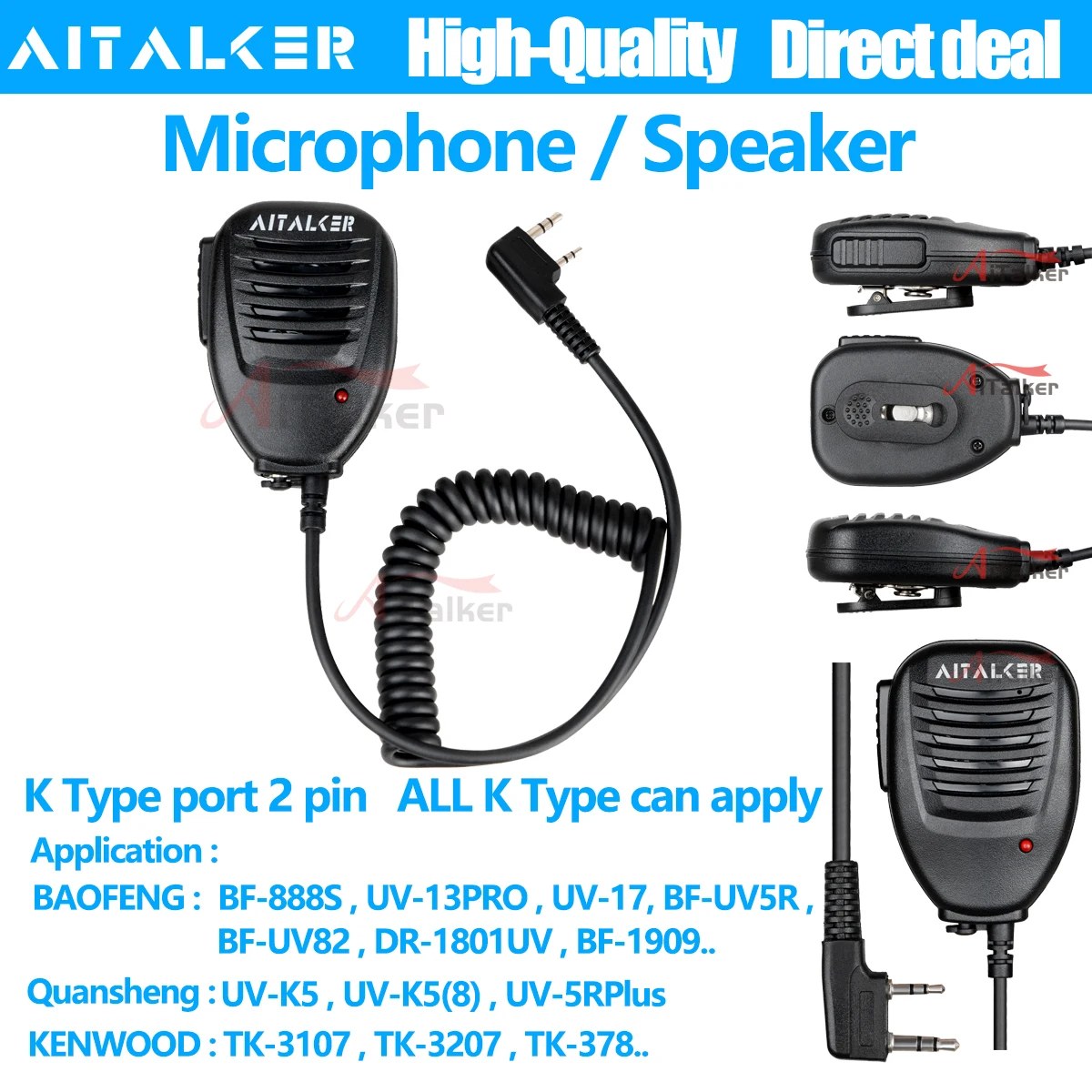 Quansheng TK11 (8) K5(8) Wakie Talkie Supporto per microfono tipo K Baofeng UV5RHPRO UV21PRO UV13 UV5R BF-888S UV16 Auricolare K a 2 pin