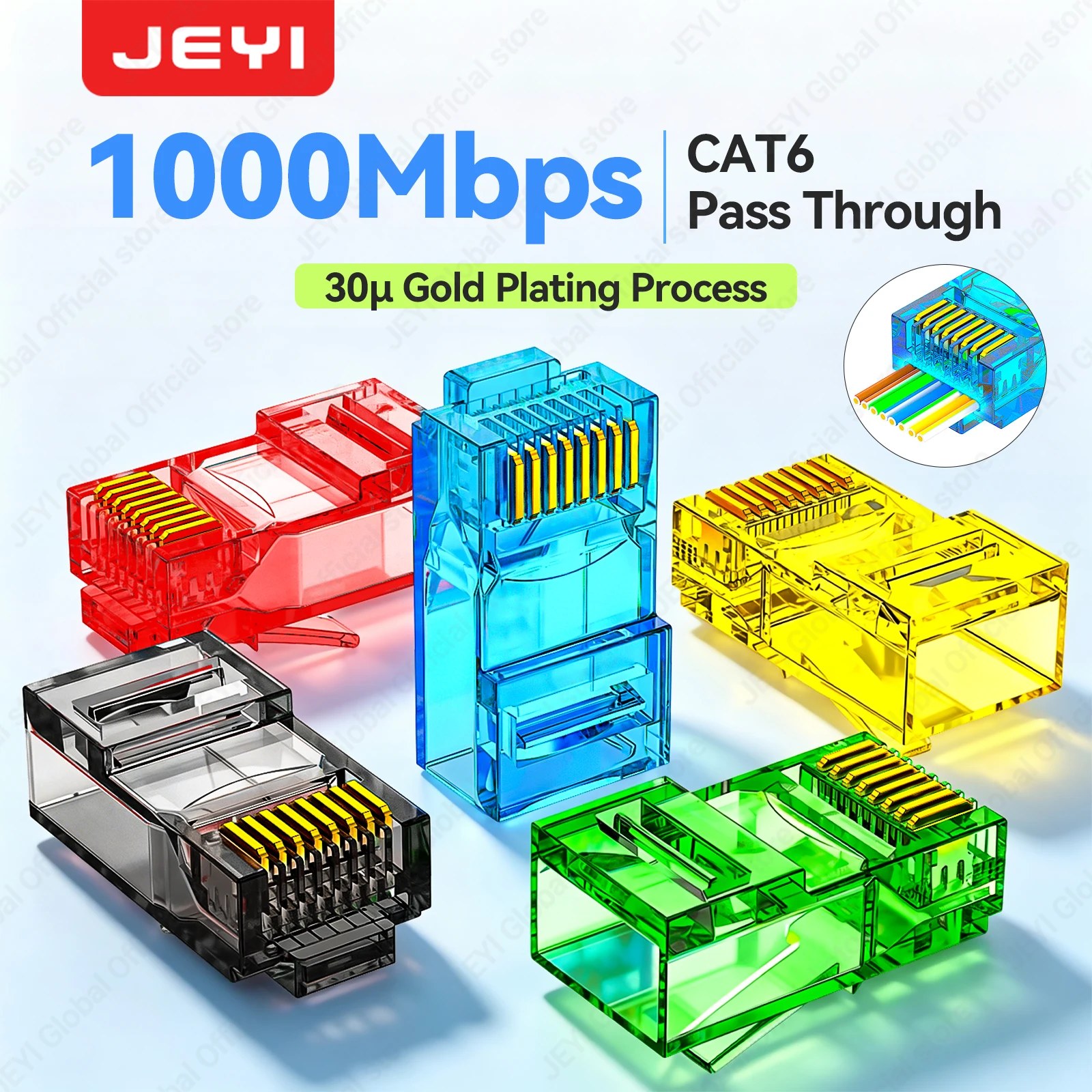 Connettori RJ45 Cat6 JEYI Pass-Through, Colori Assortiti, Modulari Facili da Crimpare per Cavi di Rete UTP Solidi o Intrecciati 100/50/10/1 Pezzi