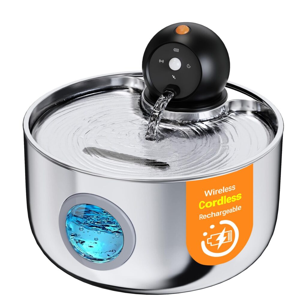 Fontanella per Gatti senza Fili: Fontana per Gatti Acciaio - 2.6L Dispenser Acqua Gatto con Sensore di Movimento - Distributore Automatico Acqua Silenziosa - Abbeveratoio per Cani…
