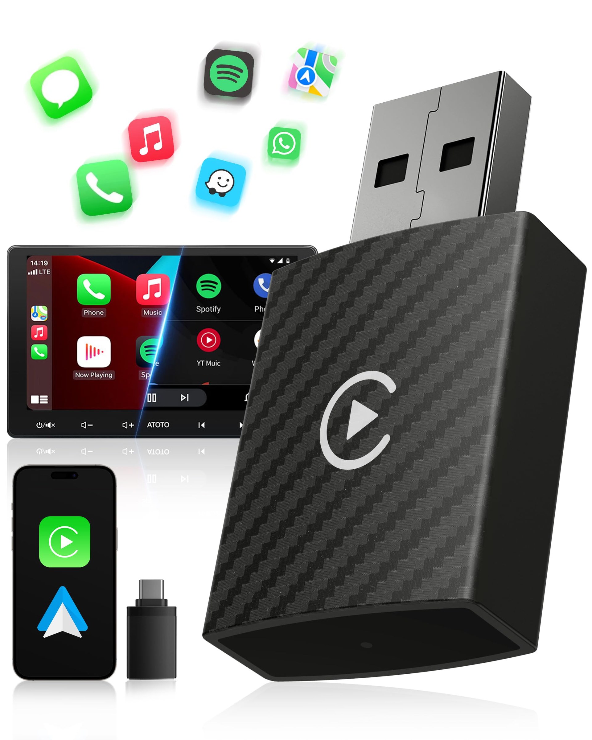 Adattatore CarPlay Wireless e Android Auto Wireless, Navigatore GPS Auto | Bluetooth V5.3 Connessione Stabile, WiFi 6 ad Alta Velocità, Plug & Play, per Apple iPhone iOS 10+ & Sma…