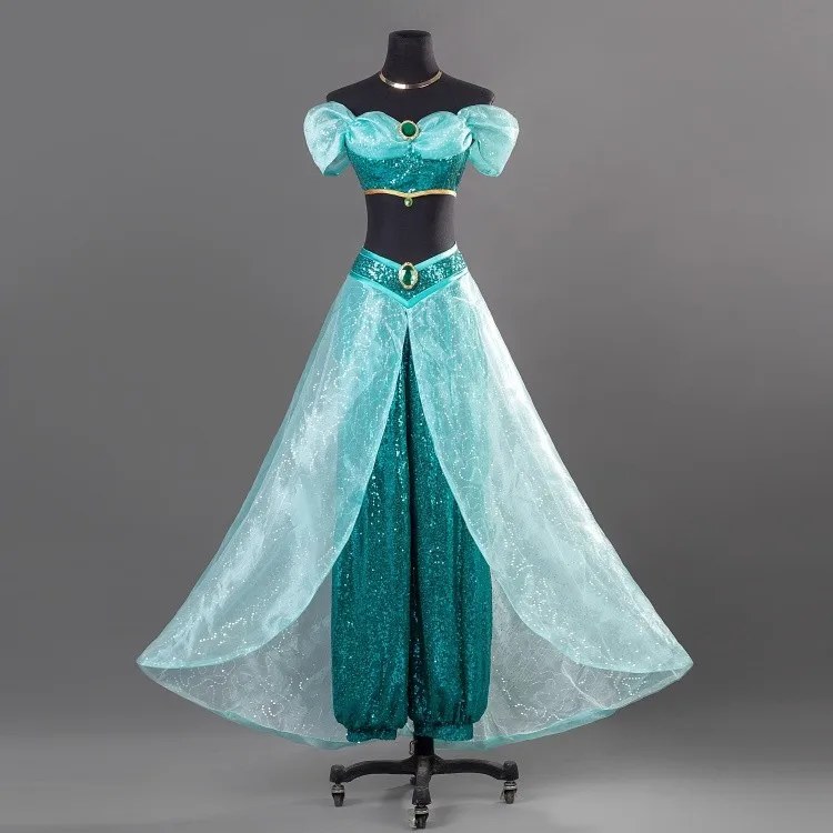 Costume da Principessa Jasmine di Aladdin per Donna, Abito Arabo per Natale, Halloween, Carnevale, Spettacoli e Feste con Paillettes