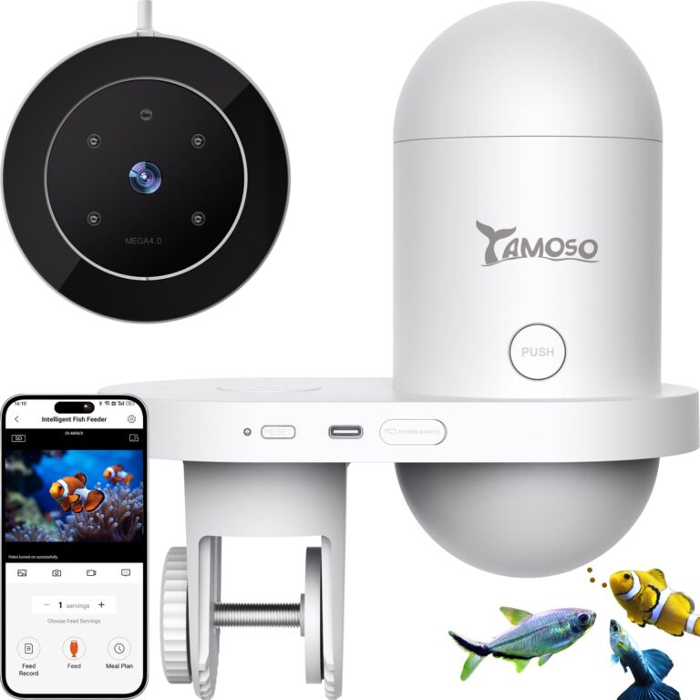YAMOSO Mangiatoia Automatica WiFi Smart, Camera 2.5K, App 2.4/5G, Dosaggio 0,2g Cura Vacanze, Serbatoio 230ML Anti-Appannamento, Timer, Notifiche, Acquario Marino, Acqua Dolce e T…