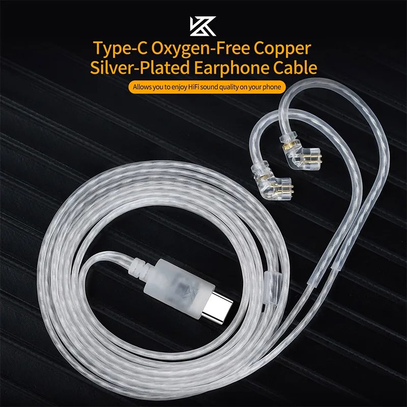 Cavo KZ placcato in argento, cavo per auricolari di tipo C, cavo in rame senza ossigeno, applicabile alla maggior parte delle cuffie