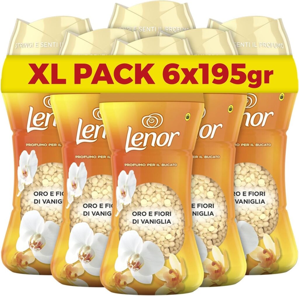 Lenor Profumatore Bucato Perle Profumate Lavatrice,Oro e Fiori Di Vaniglia, Maxi Formato 6 x 195g, Intensificatore Di Profumo