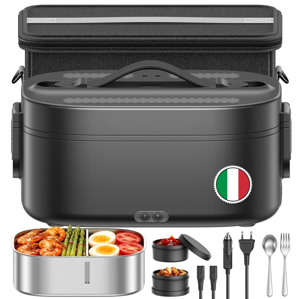 Scaldavivande Elettrico Portatile, 80W Porta Pranzo Termico, Nero | 3 In 1 Lunch Box Riscaldabile in Acciaio Inox con Borsa Termica, 12V/24V/220V per Auto Camion e Ufficio, 1.5L