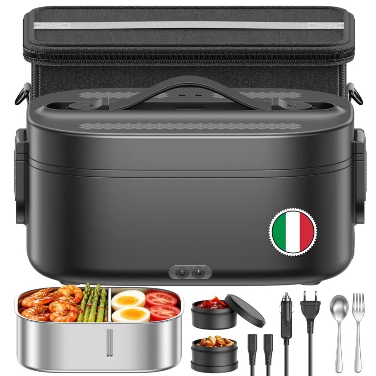 Scaldavivande Elettrico Portatile, 80W Porta Pranzo Termico, Nero | 3 In 1 Lunch Box Riscaldabile in Acciaio Inox con Borsa Termica, 12V/24V/220V per Auto Camion e Ufficio, 1.5L